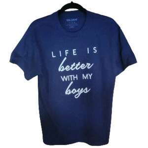 Gilden Navy T-shirt with black and white saying "Life is better with my boys"  …